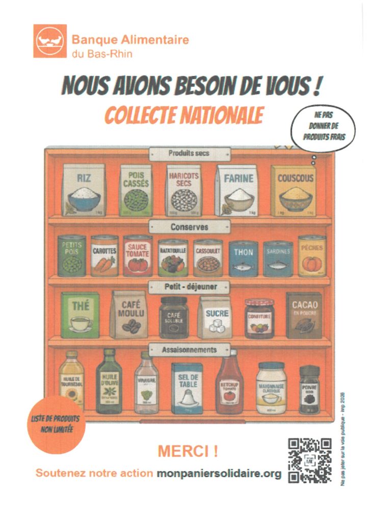 La Banque Alimentaire rappelle qu'il ne faut pas donner de produits frais. Par contre, on peut donner des produits secs (riz, pois cassés, haricots secs, farine, couscous), des conserves (petits pois, carottes, sauce tomate, ratatouille, cassoulet, thon, sardines, pêches), petit-déjeuner (thé, café moulu, café soluble, sucre, confiture, cacao en poudre), assaisonnements (huile de tournesol, huile d'olive, vinaigre, sel de table, ketchup, mayonnaise, poivre)